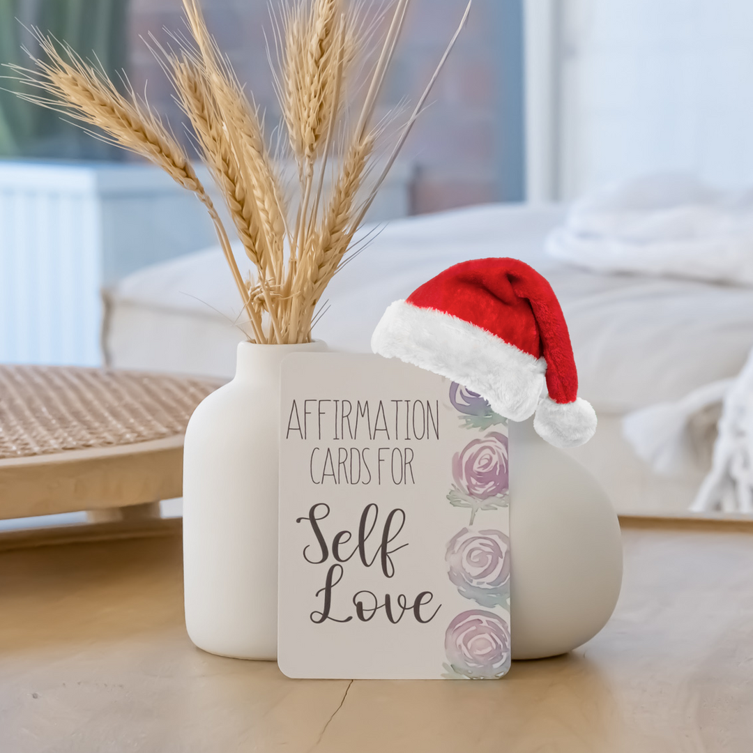 self-love affirmation card with little Santa hat